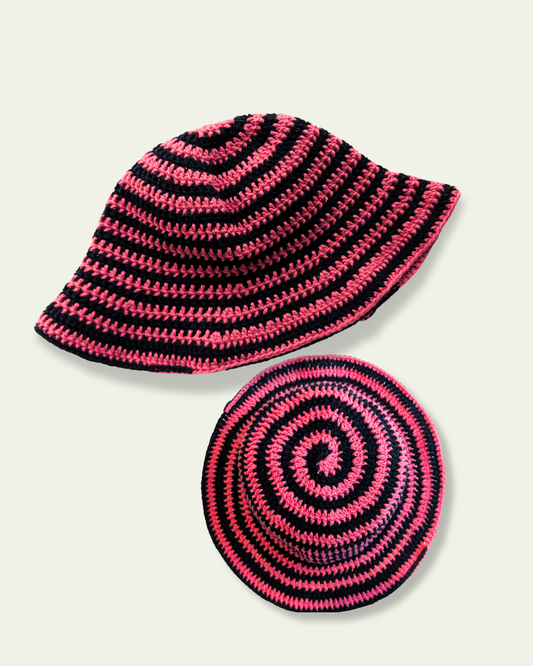 Pink and Black Crochet Spiral Bucket Hat