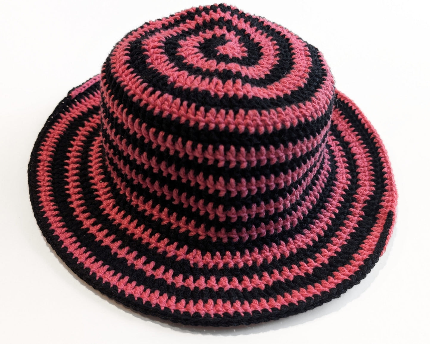 Pink and Black Crochet Spiral Bucket Hat